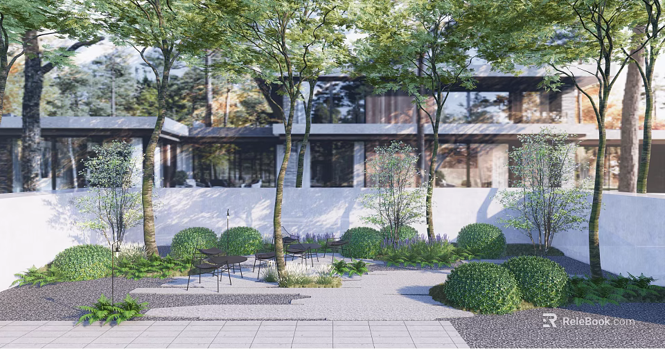 Modern Courtyard Garden With Trees White Walls Outdoor Chairs Trimmed Shrubs And Stone Tile Flooring 3d model 
