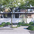 Modern Courtyard Garden With Trees White Walls Outdoor Chairs Trimmed Shrubs And Stone Tile Flooring