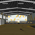 Indoor Basketball Gym Interior With Wooden Floor Yellow Gray Walls Ceiling Lights And Bleachers