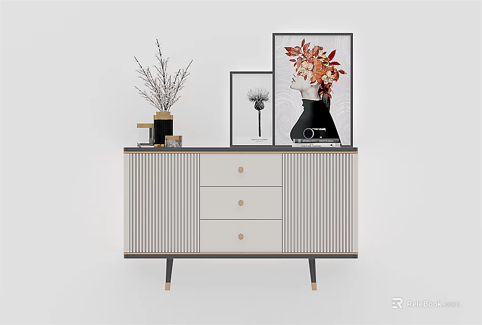 Modern Entryway Console Table With Striped Drawers And Decorative Picture Frames 3d model