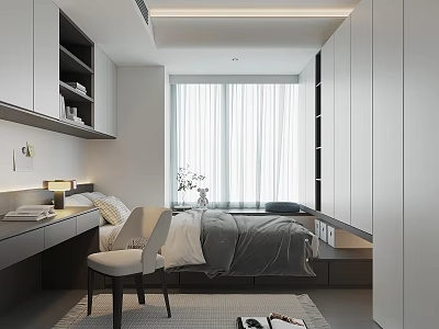 Modern Tatami Bedroom Interior With Desk Chair Curtains And Storage Cabinets 3d model