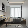 Modern Tatami Bedroom Interior With Desk Chair Curtains And Storage Cabinets