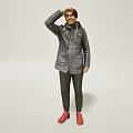 A Man With Hand Over Eyes In Gray Jacket Green Backpack And Red Shoes