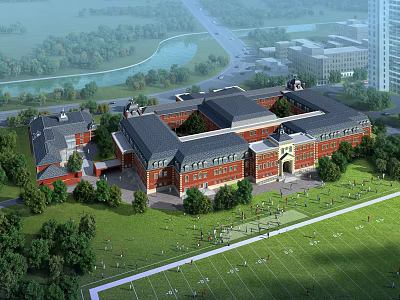 Aerial Planning of Large Building Complex With Surrounding Green Spaces Trees and River 3d model