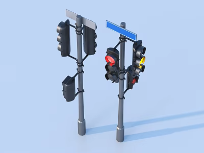 Traffic Light And Street Sign Installation With Signal Lamps And Direction Panels 3d model