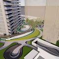 Scenic Outdoor Public Space With Wooden Dome Structures Walkway And Green Lawn