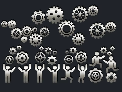 Silhouette People Working With Different Gears In Mechanical Team Collaboration 3d model