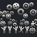 Silhouette People Working With Different Gears In Mechanical Team Collaboration