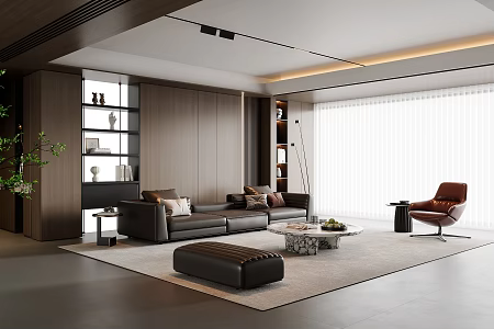 Modern Italian Living Room Sofa Coffee Table Combination Leather Sofa Background Wall Without Main Light Living Room Dream Curtain Single Sofa Multi-Person Sofa Ornaments 3d model