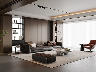 Modern Italian Living Room Sofa Coffee Table Combination Leather Sofa Background Wall Without Main Light Living Room Dream Curtain Single Sofa Multi-Person Sofa Ornaments 3d model