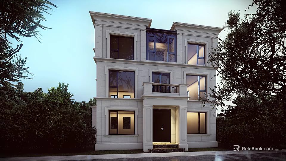 Detached Villa Exterior Design Classic Style Three Story Large Windows Front Porch Lush Greenery Surroundings 3d model 