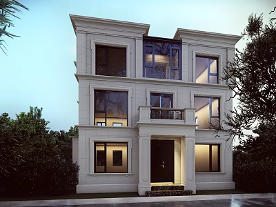 Detached Villa Exterior Design Classic Style Three Story Large Windows Front Porch Lush Greenery Surroundings 3d model