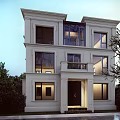 Detached Villa Exterior Design Classic Style Three Story Large Windows Front Porch Lush Greenery Surroundings