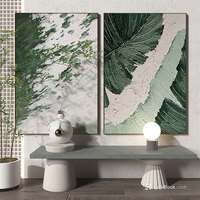 Interior Decor With Green Leaf Paintings White Decorative Item Table Lamp And Gray Console 3d model