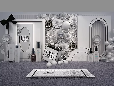 DRS Check-in Photo Spot Featuring Flower Wall Oval Arches Skincare Products And White Balloons 3d model