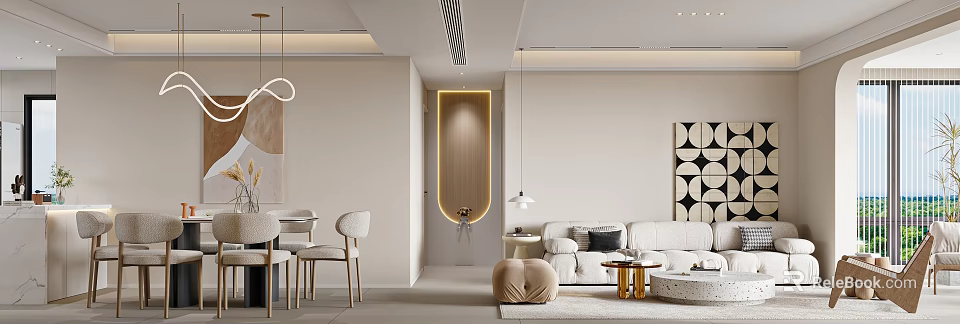 Modern Open Living Dining Room Interior With Beige Sofa And Round Dining Table 3d model