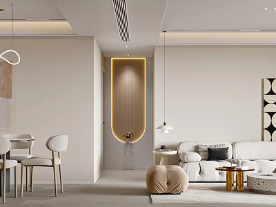 Modern Open Living Dining Room Interior With Beige Sofa And Round Dining Table 3d model