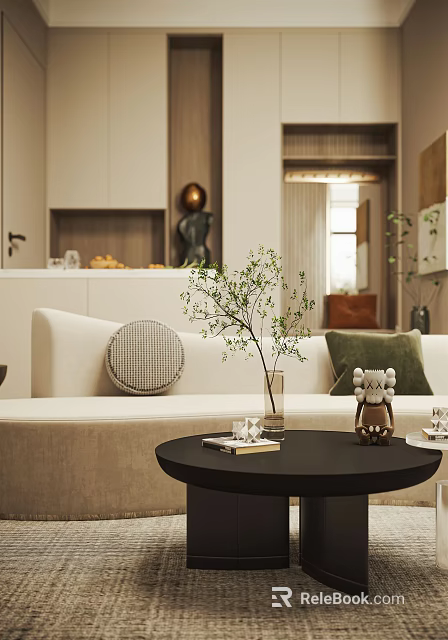 Modern Black Coffee Table In Living Room With Vase Green Plant Books And Koala Decor 3d model 
