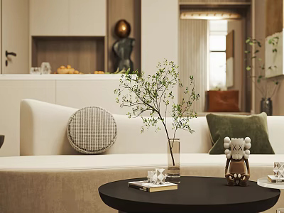 Modern Black Coffee Table In Living Room With Vase Green Plant Books And Koala Decor 3d model
