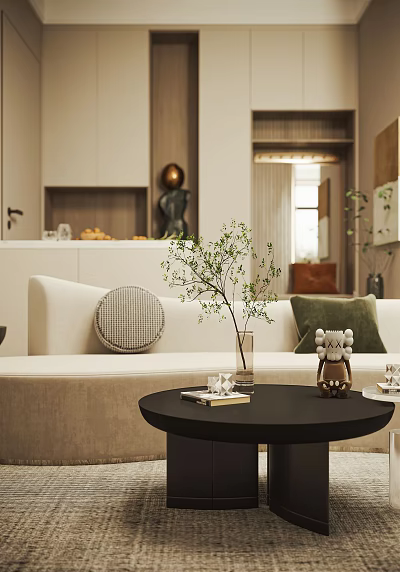 Modern Black Coffee Table In Living Room With Vase Green Plant Books And Koala Decor 3d model