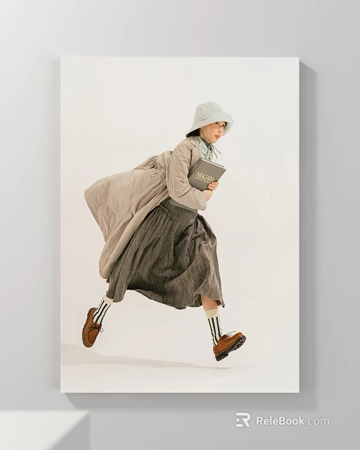 Figure Painting of Running Woman in Green Hat Grey Coat with Book and Striped Socks 3d model 