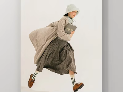 Figure Painting of Running Woman in Green Hat Grey Coat with Book and Striped Socks 3d model