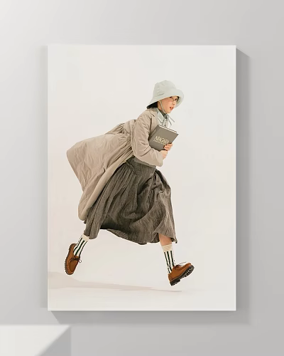 Figure Painting of Running Woman in Green Hat Grey Coat with Book and Striped Socks 3d model