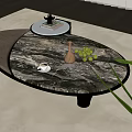 Modern Oval Coffee Table With Marble Top And Grapes Bowl On Living Room Rug