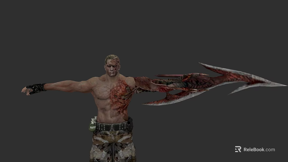 Shirtless Game Character With Scars Blade Arm Camouflage Pants And Waist Gear 3d model 