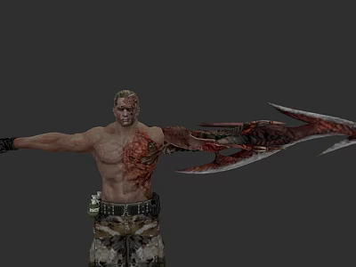 Shirtless Game Character With Scars Blade Arm Camouflage Pants And Waist Gear 3d model