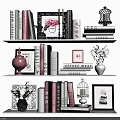 Decorative Accessories Collection With Books Frames Birdcage Vases And Green Plants On Shelves