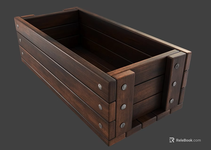 Rectangular Wooden Storage Box With Metal Rivets And Sturdy Construction 3d model