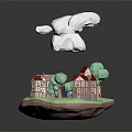 Fairy Tale Style Architecture Miniature Scene With Green Trees White Clouds And Small Houses