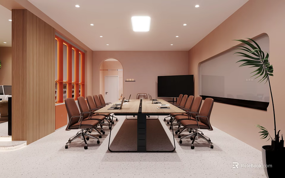 Modern Office Meeting Room Featuring Long Conference Table Wooden Decor Pink Walls And Projector Screen 3d model 