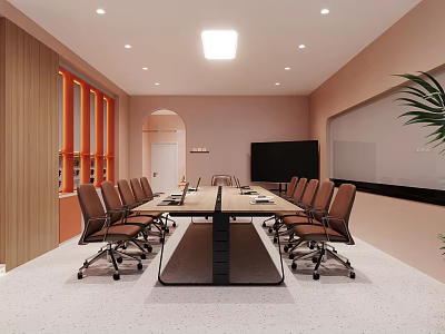 Modern Office Meeting Room Featuring Long Conference Table Wooden Decor Pink Walls And Projector Screen 3d model