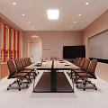 Modern Office Meeting Room Featuring Long Conference Table Wooden Decor Pink Walls And Projector Screen