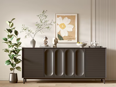 Modern Dark Entryway Cabinet Console Table With Ribbed Doors Green Plants And Wall Art 3d model