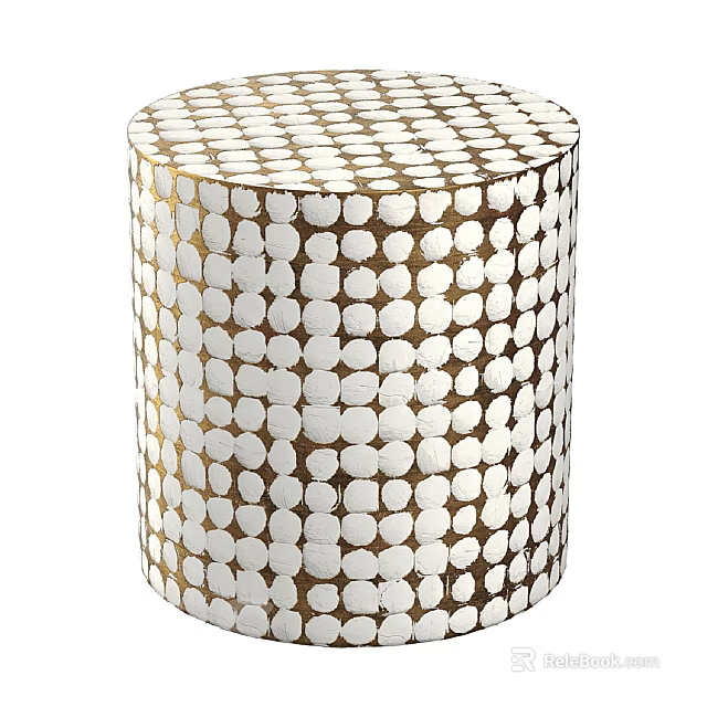 Stylish Round Ottoman With White And Gold Polka Dot Decorative Design 3d model 