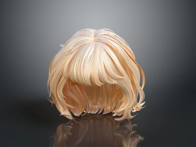 Blonde Curly Wig With Fringe Bangs On Smooth Reflective Surface 3d model