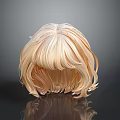Blonde Curly Wig With Fringe Bangs On Smooth Reflective Surface