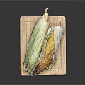 Delicious Roasted Corn with Partially Peeled Husk and Yellow Kernels on Wooden Cutting Board