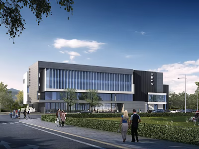 Modern Office Building Exterior With Lawn Road People Walking And Blue Sky White Clouds 3d model
