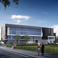 Modern Office Building Exterior With Lawn Road People Walking And Blue Sky White Clouds