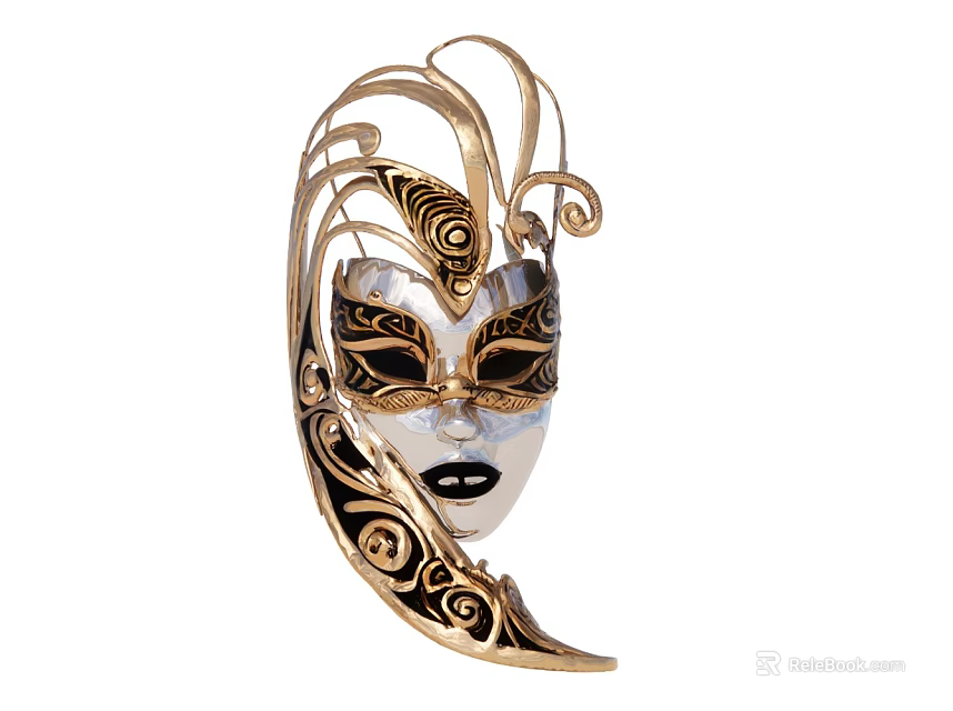 Ornate Venetian Mask With Gold Curlicue Decor And Black Intricate Patterns 3d model 