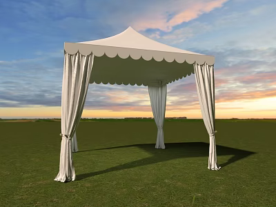 White Canopy With Scalloped Edge And Flowing White Curtains Set On Green Grass Against Sunset Sky 3d model