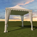 White Canopy With Scalloped Edge And Flowing White Curtains Set On Green Grass Against Sunset Sky