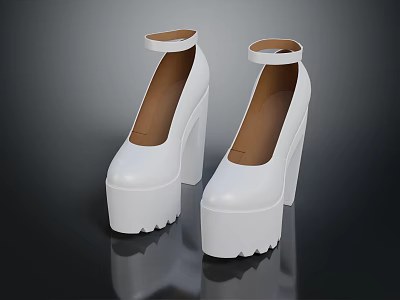 White Platform High Heel Shoes with Ankle Strap Thick Chunky Heel and Serrated Sole Design 3d model
