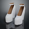 White Platform High Heel Shoes with Ankle Strap Thick Chunky Heel and Serrated Sole Design