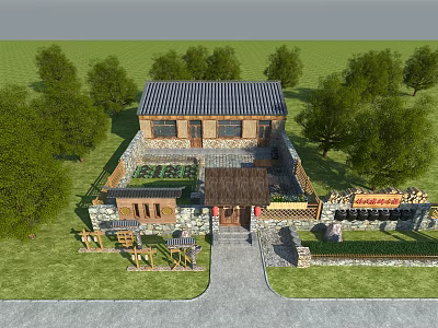 Traditional Chinese Guesthouse Building With Tile Roof Green Trees And Courtyard Entrance 3d model