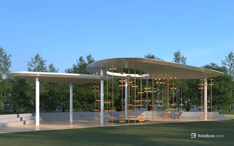 Modern Pergola Design With Curved Metallic Roof Golden Hanging Elements Surrounded By Green Trees 3d model 